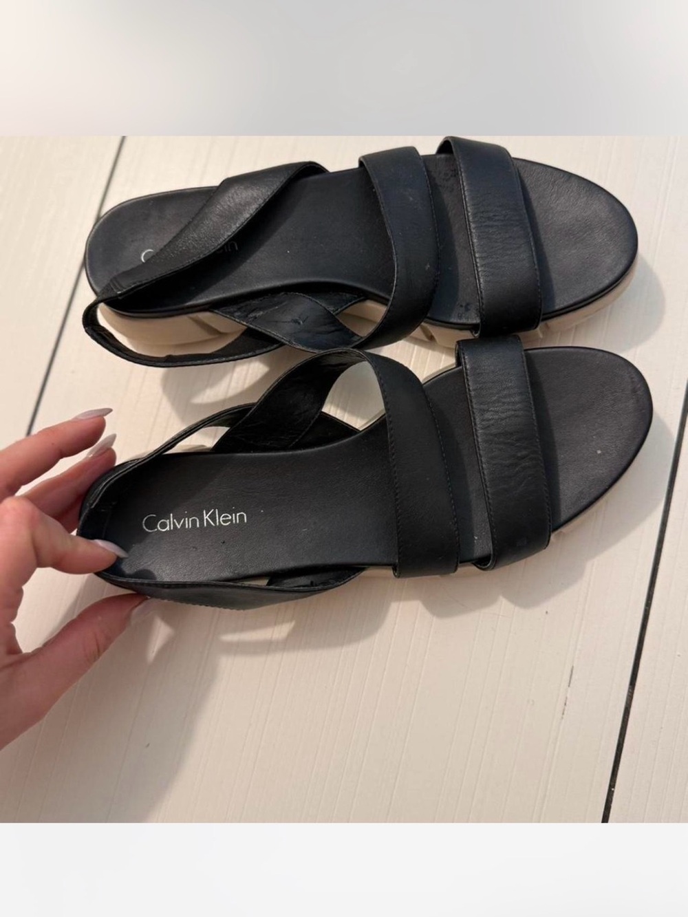 Calvin Klein Black Leather Double-Strap Women’s Sandals